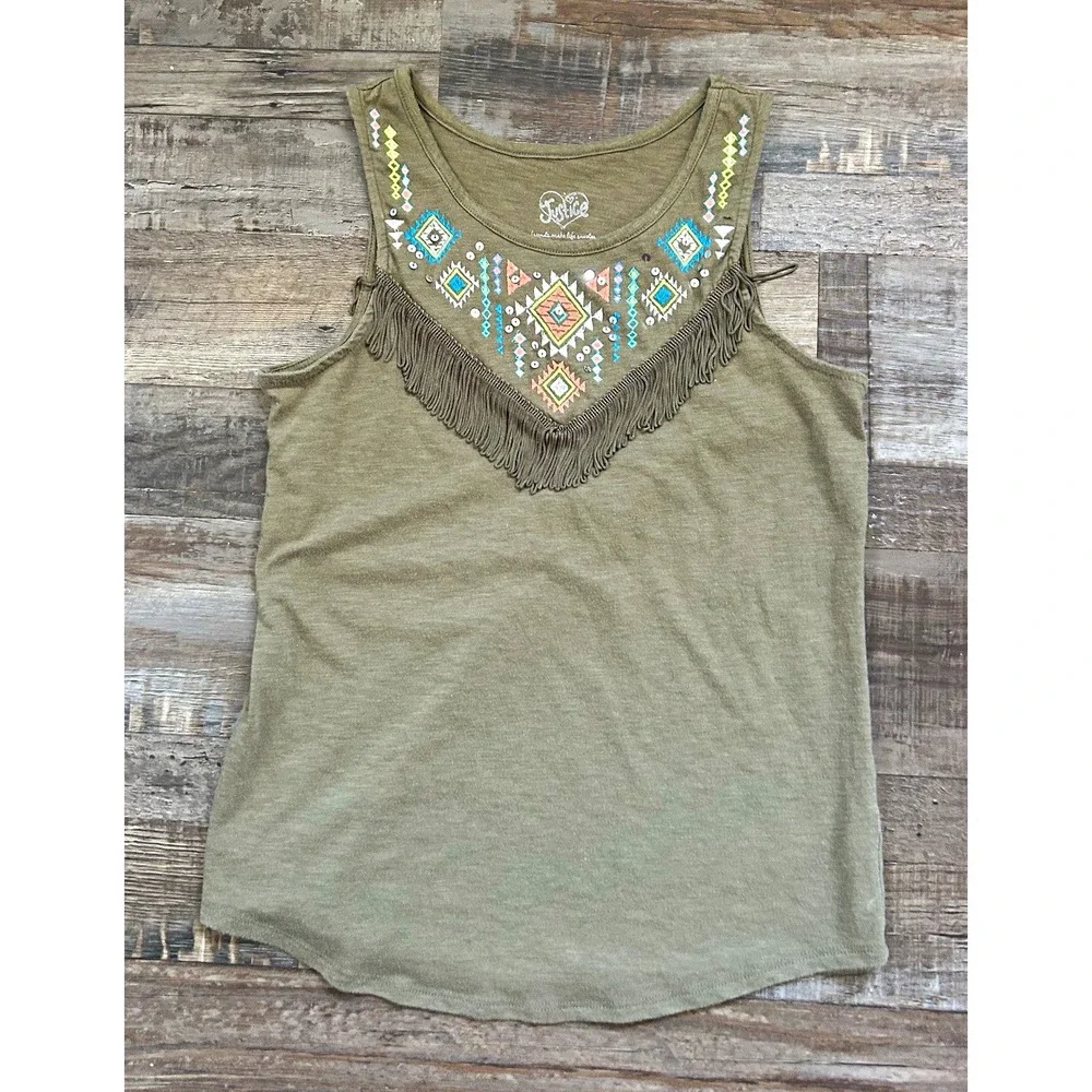 Justice Girls 14 Green Solid Sleeveless Round Neck Tank Fringe Sequin Embroider